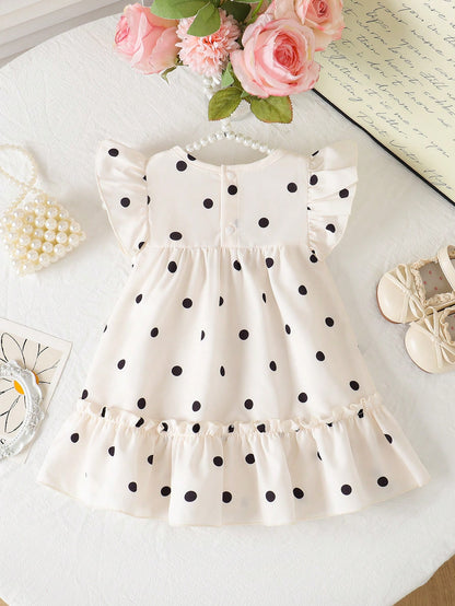 Baby Girls' Summer Polka Dot Dress  Black & White Dots+Bow Decor On Chest+Flare Sleeves  Soft & Cute  Suitable For Daily Outings And Photo Shoots
