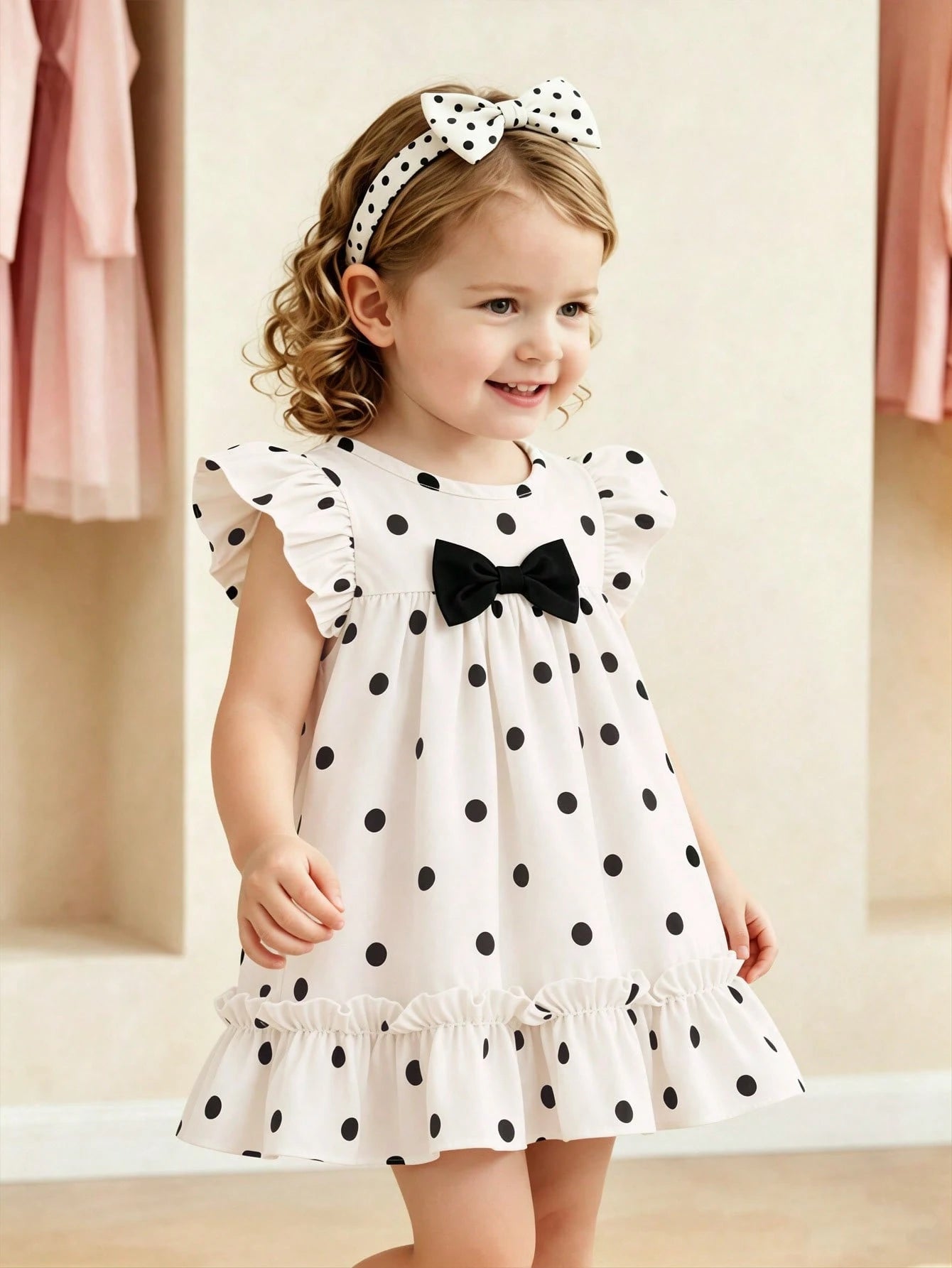 Baby Girls' Summer Polka Dot Dress  Black & White Dots+Bow Decor On Chest+Flare Sleeves  Soft & Cute  Suitable For Daily Outings And Photo Shoots