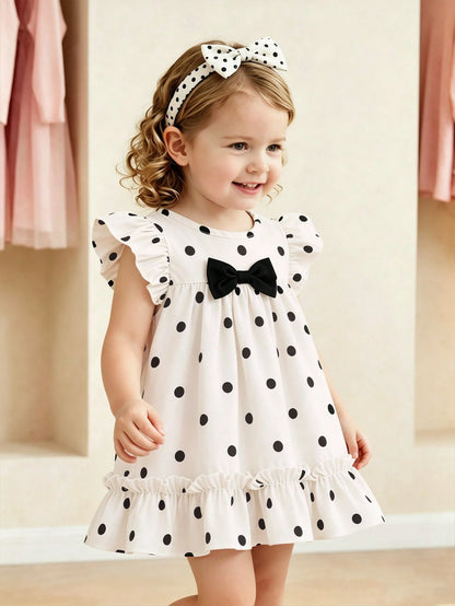 Baby Girls' Summer Polka Dot Dress  Black & White Dots+Bow Decor On Chest+Flare Sleeves  Soft & Cute  Suitable For Daily Outings And Photo Shoots