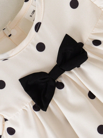 Baby Girls' Summer Polka Dot Dress  Black & White Dots+Bow Decor On Chest+Flare Sleeves  Soft & Cute  Suitable For Daily Outings And Photo Shoots