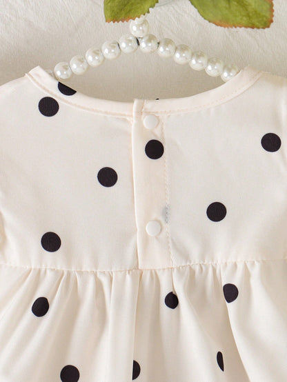 Baby Girls' Summer Polka Dot Dress  Black & White Dots+Bow Decor On Chest+Flare Sleeves  Soft & Cute  Suitable For Daily Outings And Photo Shoots