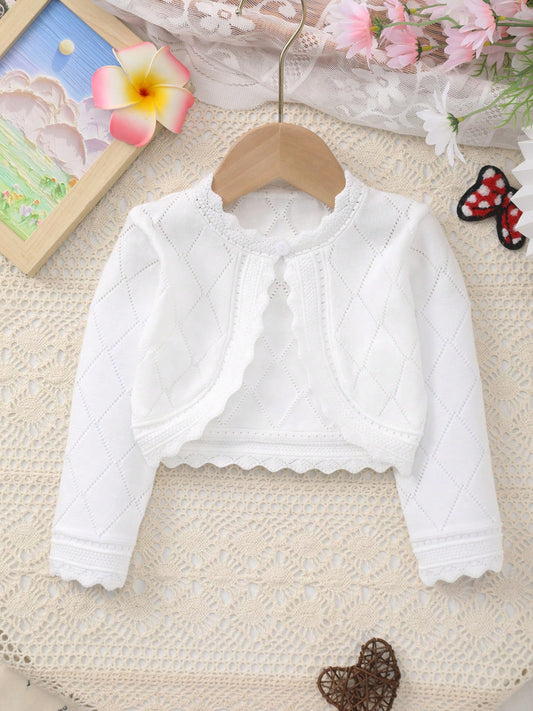 Baby Girls' Versatile Argyle Hollow-Out Lace Trim Knit Cardigan Shawl, Spring/Summer