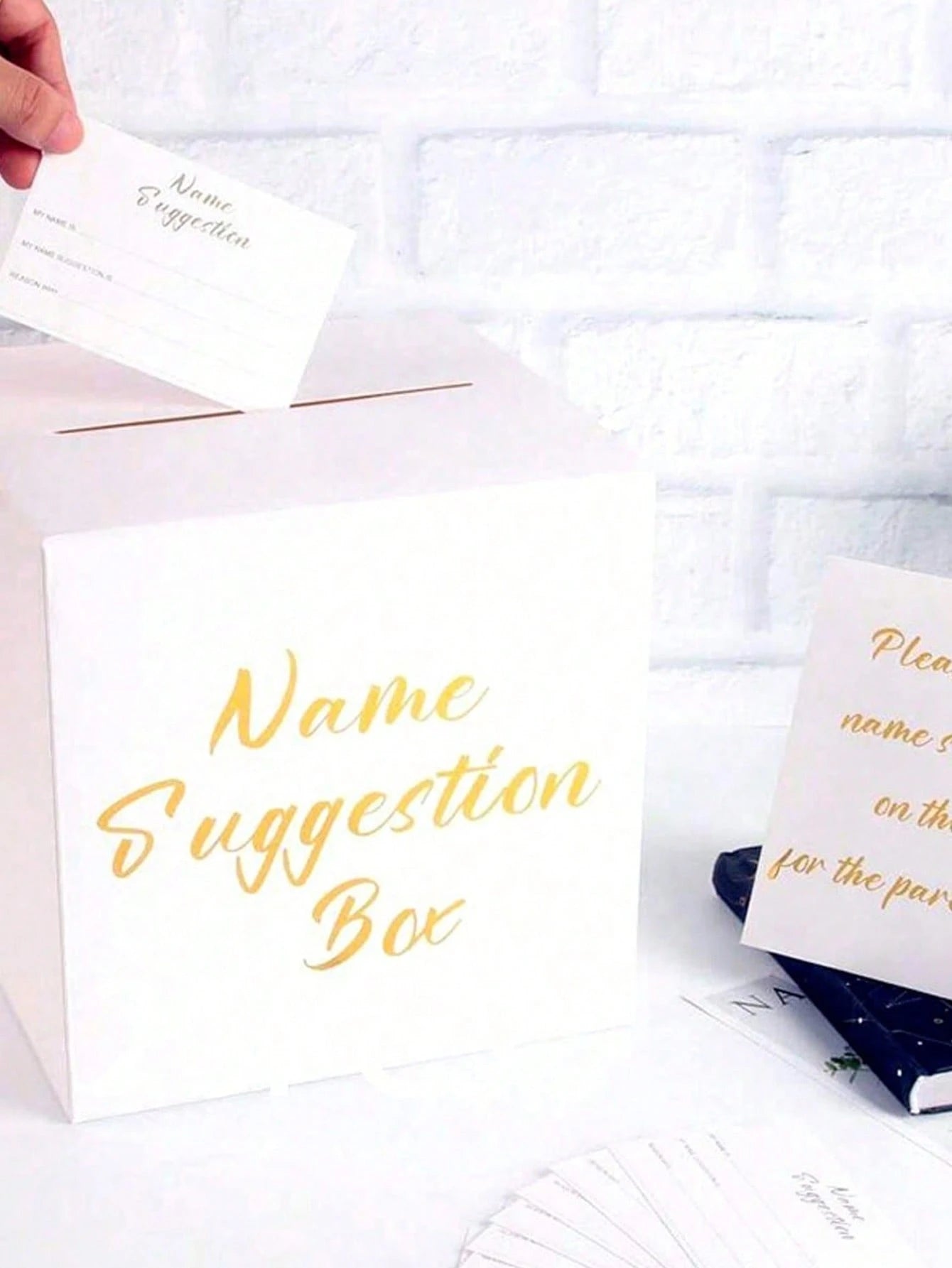 Baby Name Voting Box, Includes 30 Cards, White Foil Paper Cardboard Newborn Name Suggestion Collection Box, Gender Reveal Party Decoration, Baby Shower Guest Interaction Prop, Suitable For Wedding, Bi