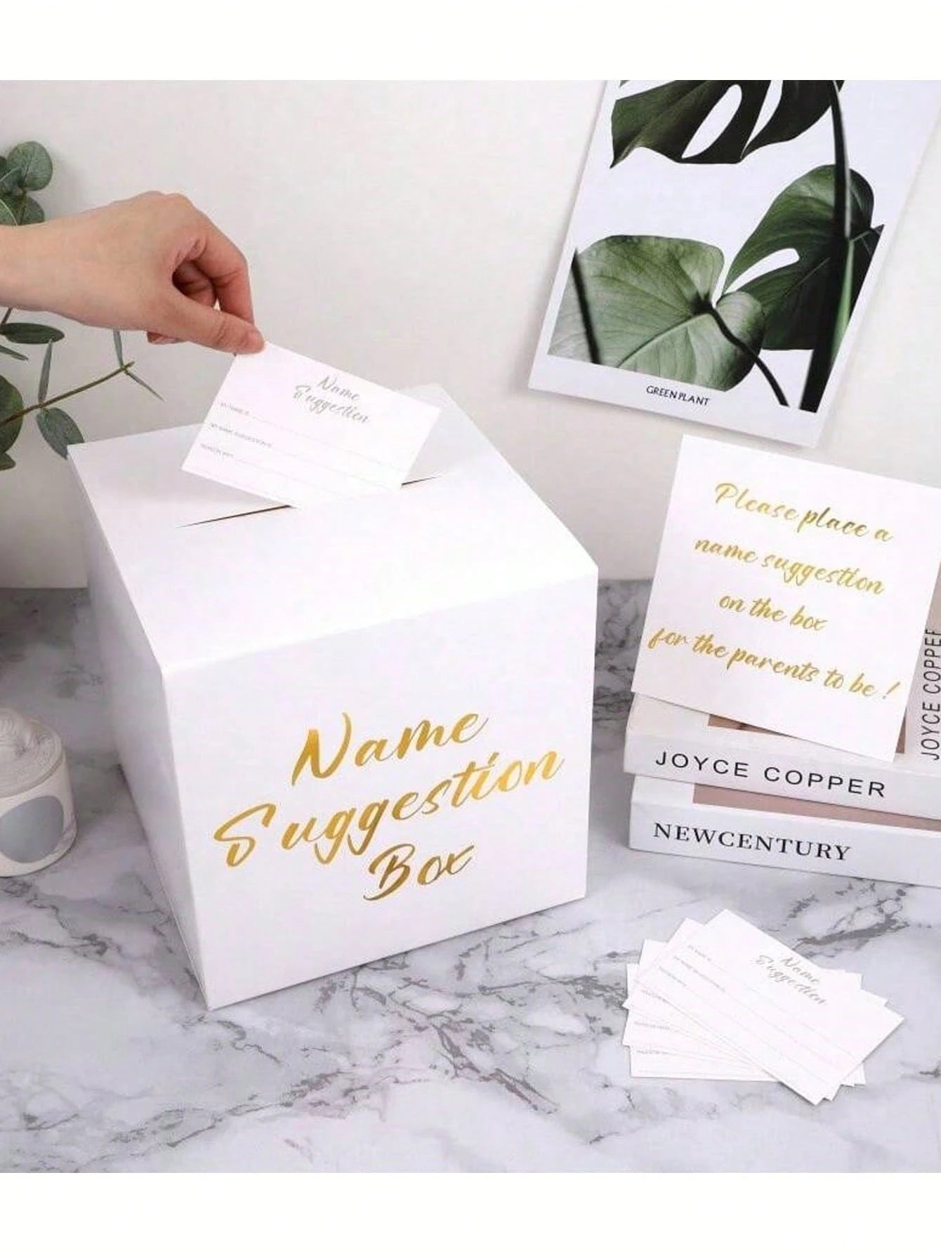 Baby Name Voting Box, Includes 30 Cards, White Foil Paper Cardboard Newborn Name Suggestion Collection Box, Gender Reveal Party Decoration, Baby Shower Guest Interaction Prop, Suitable For Wedding, Bi
