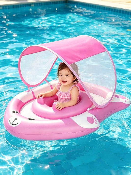 Baby Pool Float With Removable Canopy, Inflatable Infant Swim Ring Toy With UPF50+ Sun Protection, Cute Bear Toddler Water Floaties For Beach Pool.