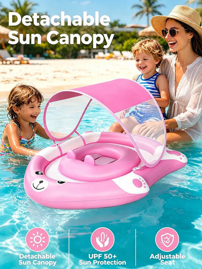 Baby Pool Float With Removable Canopy, Inflatable Infant Swim Ring Toy With UPF50+ Sun Protection, Cute Bear Toddler Water Floaties For Beach Pool.