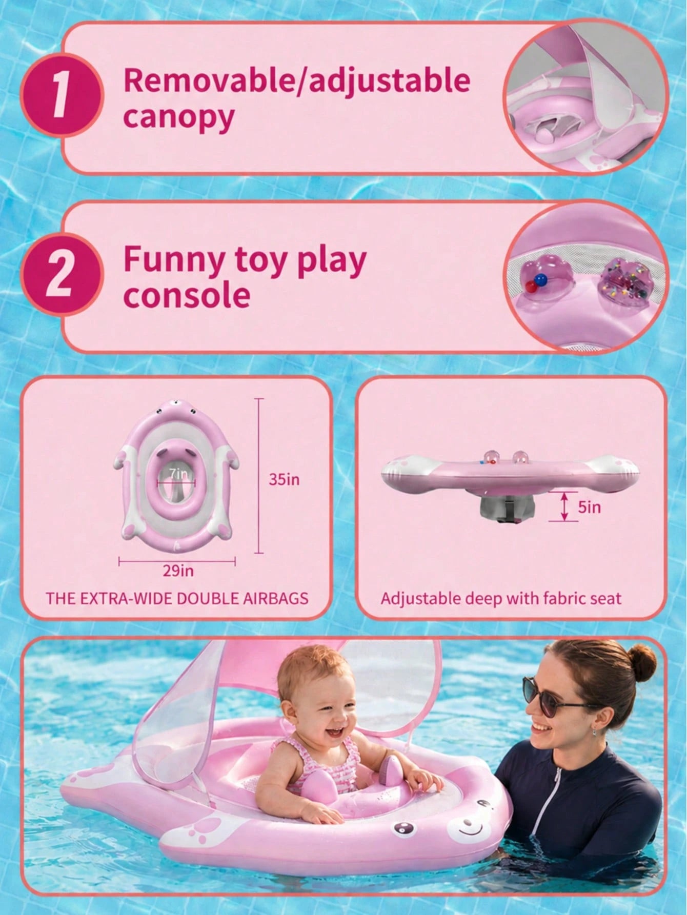 Baby Pool Float With Removable Canopy, Inflatable Infant Swim Ring Toy With UPF50+ Sun Protection, Cute Bear Toddler Water Floaties For Beach Pool.
