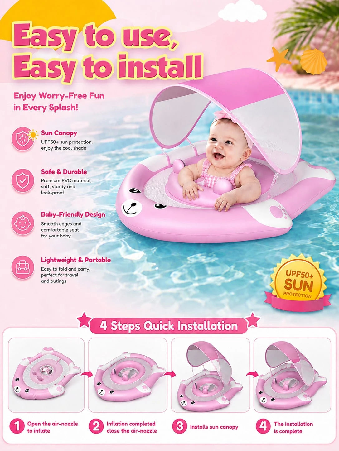 Baby Pool Float With Removable Canopy, Inflatable Infant Swim Ring Toy With UPF50+ Sun Protection, Cute Bear Toddler Water Floaties For Beach Pool.