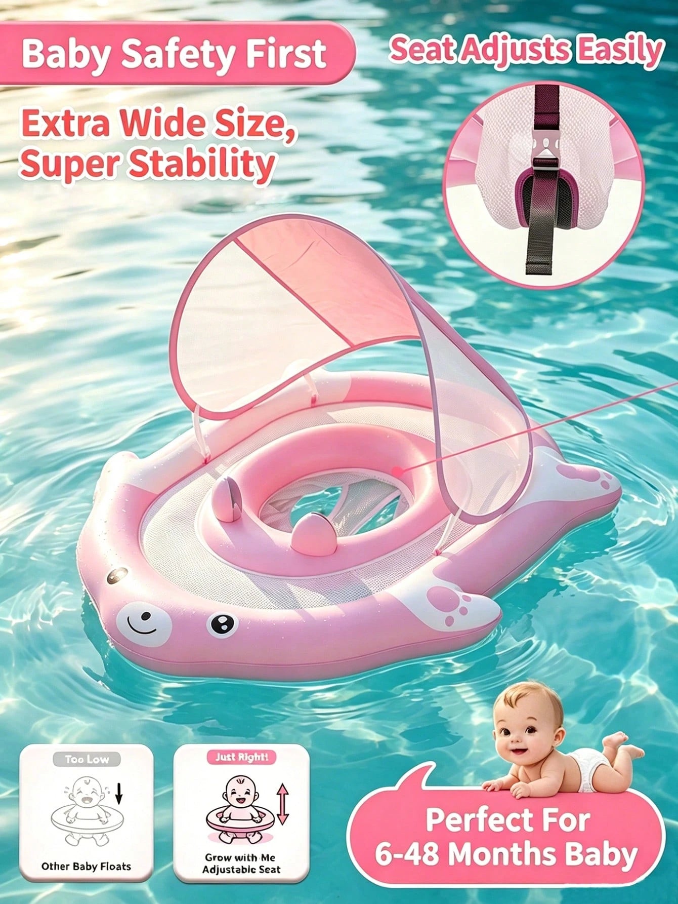Baby Pool Float With Removable Canopy, Inflatable Infant Swim Ring Toy With UPF50+ Sun Protection, Cute Bear Toddler Water Floaties For Beach Pool.