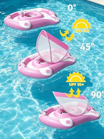 Baby Pool Float With Removable Canopy, Inflatable Infant Swim Ring Toy With UPF50+ Sun Protection, Cute Bear Toddler Water Floaties For Beach Pool.