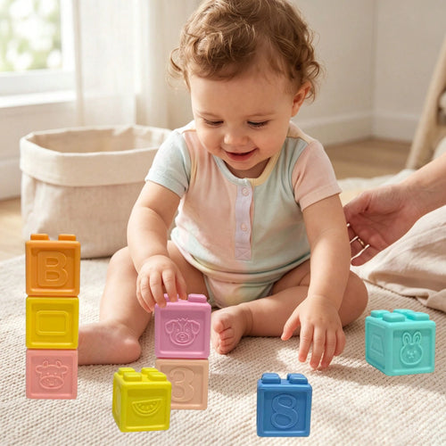 Baby Soft Silicone Chewable Blocks, English, Fruit, Geometry, Animal, Shape Recognition, Early Education Enlightenment Blocks Birthday Gift (Random Color)