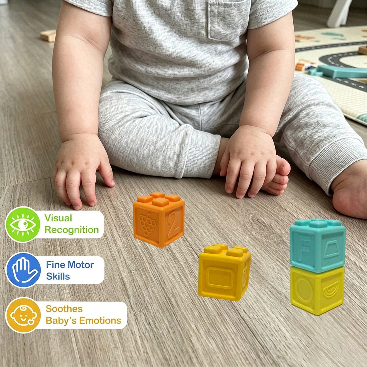 Baby Soft Silicone Chewable Blocks, English, Fruit, Geometry, Animal, Shape Recognition, Early Education Enlightenment Blocks Birthday Gift (Random Color)