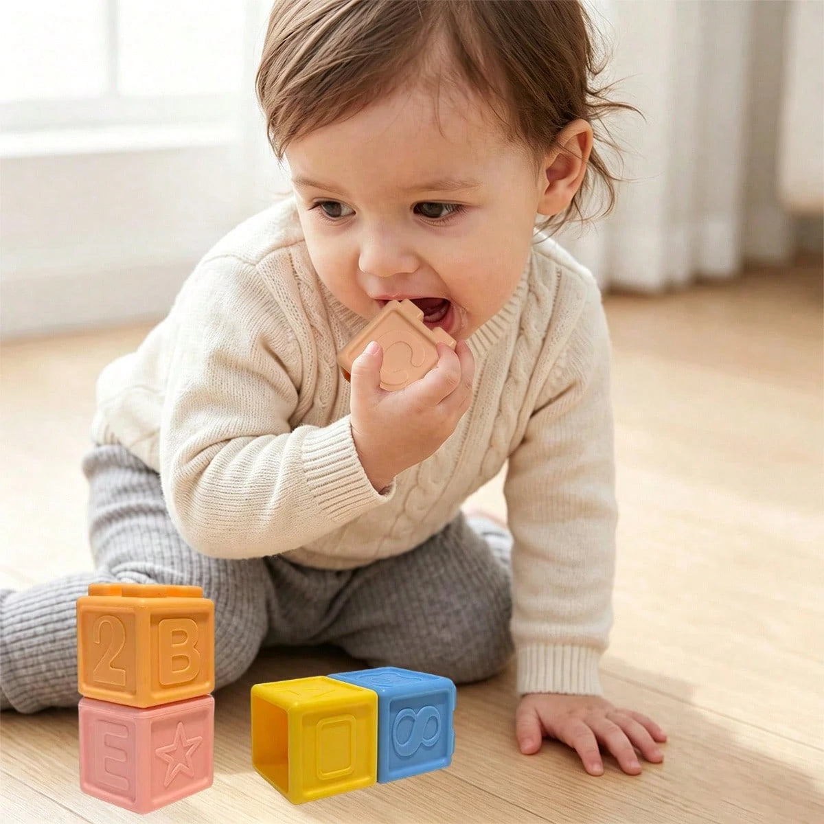 Baby Soft Silicone Chewable Blocks, English, Fruit, Geometry, Animal, Shape Recognition, Early Education Enlightenment Blocks Birthday Gift (Random Color)