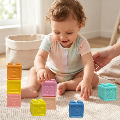 Baby Soft Silicone Chewable Blocks, English, Fruit, Geometry, Animal, Shape Recognition, Early Education Enlightenment Blocks Birthday Gift (Random Color)