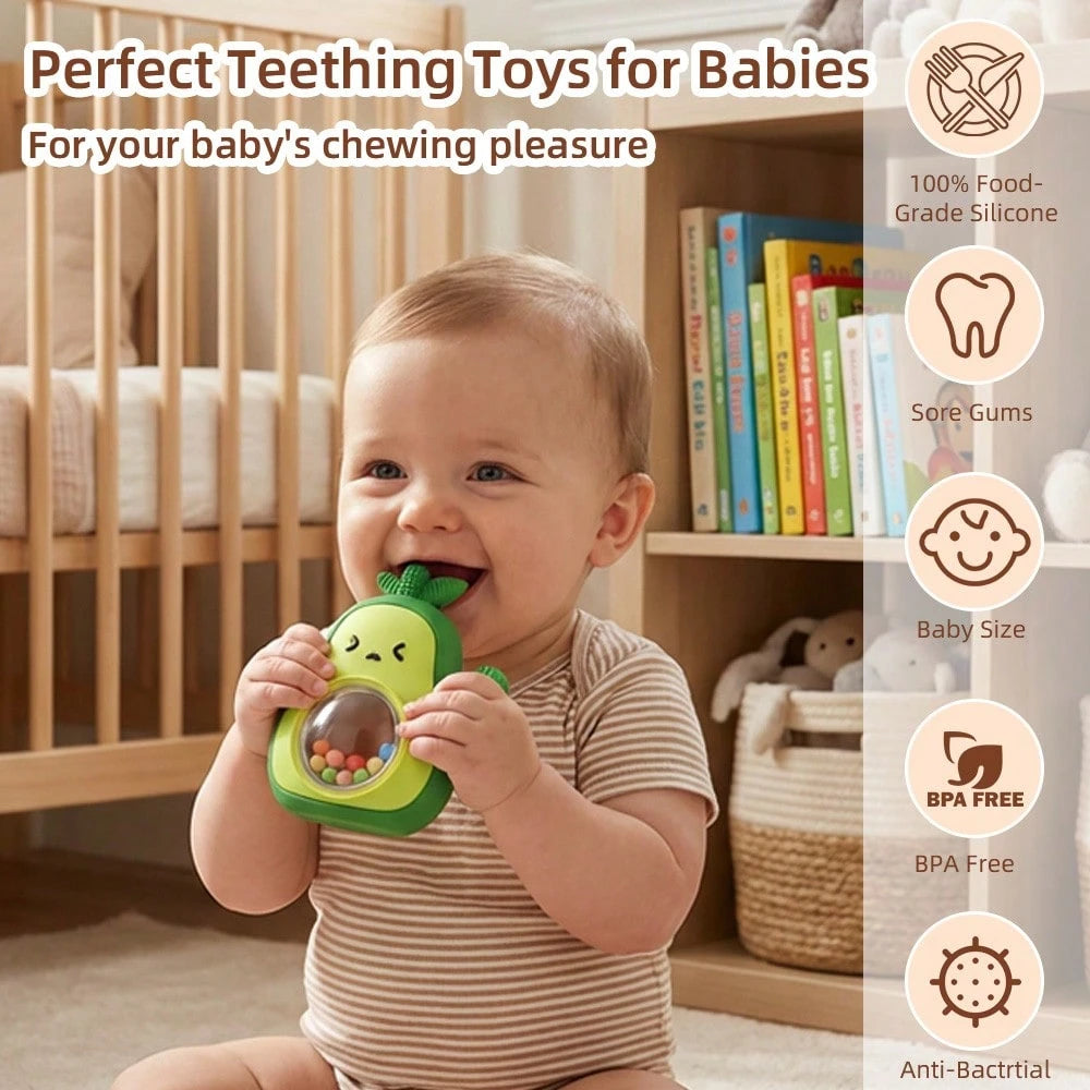 Baby Teething Toy, Silicone Avocado-Shaped Design, Baby Rattle, Sensory Toy, Children's Gift, Newborn Accessory, Suitable For Teething Babies, Helps Prevent Thumb-Sucking, Chewable And Soothing Toy
