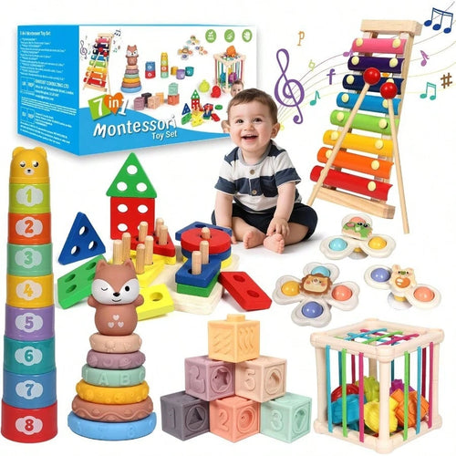 Baby Toys 18-36 Months, Montessori 7-In-1 Activity Set- Stacking Blocks, Infant Teething Toy & Sensory Bin, Baby Boys & Girls Gifts