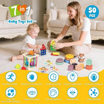 Baby Toys 18-36 Months, Montessori 7-In-1 Activity Set- Stacking Blocks, Infant Teething Toy & Sensory Bin, Baby Boys & Girls Gifts