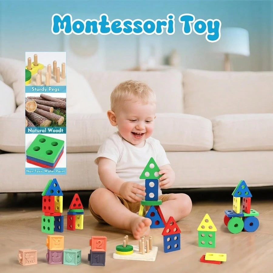Baby Toys 18-36 Months, Montessori 7-In-1 Activity Set- Stacking Blocks, Infant Teething Toy & Sensory Bin, Baby Boys & Girls Gifts