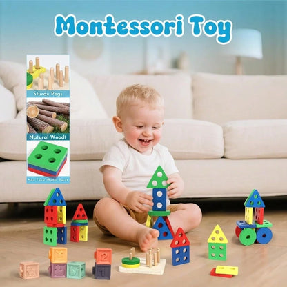 Baby Toys 18-36 Months, Montessori 7-In-1 Activity Set- Stacking Blocks, Infant Teething Toy & Sensory Bin, Baby Boys & Girls Gifts