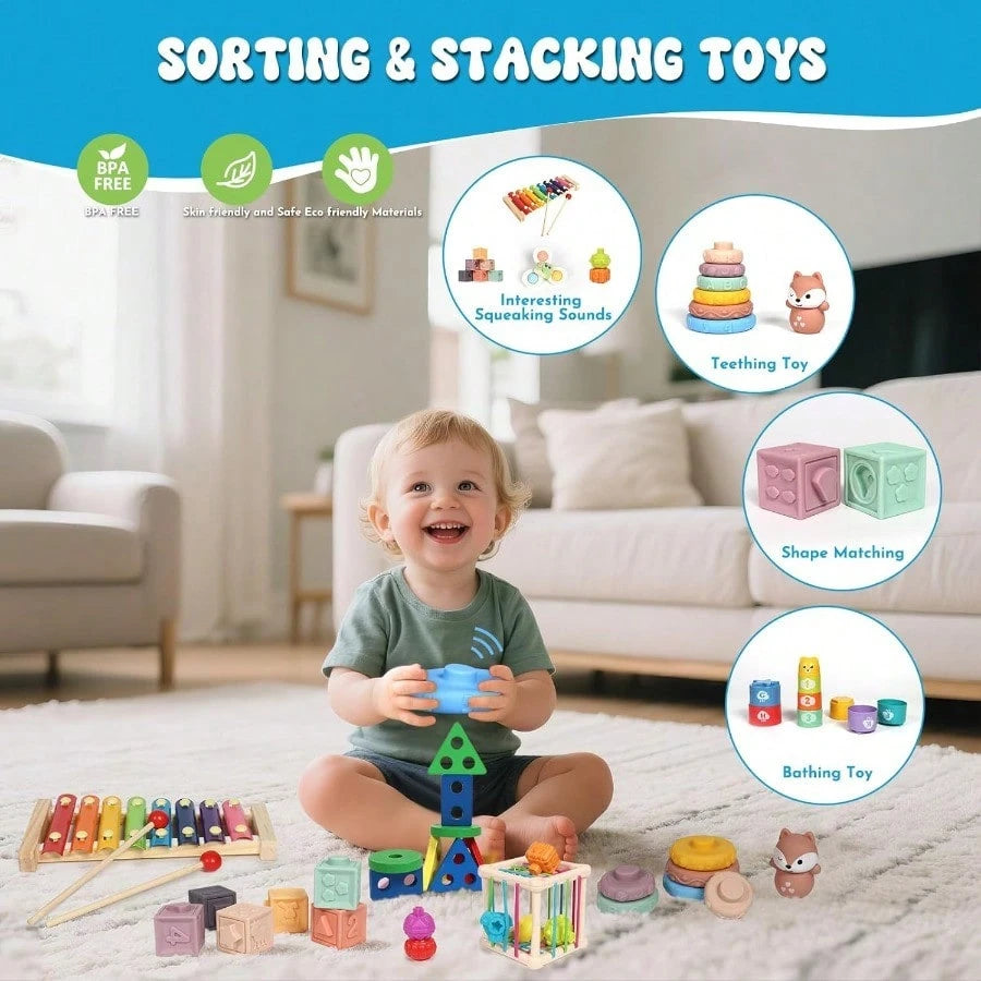 Baby Toys 18-36 Months, Montessori 7-In-1 Activity Set- Stacking Blocks, Infant Teething Toy & Sensory Bin, Baby Boys & Girls Gifts