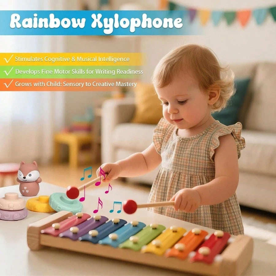 Baby Toys 18-36 Months, Montessori 7-In-1 Activity Set- Stacking Blocks, Infant Teething Toy & Sensory Bin, Baby Boys & Girls Gifts
