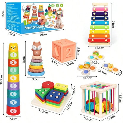 Baby Toys 18-36 Months, Montessori 7-In-1 Activity Set- Stacking Blocks, Infant Teething Toy & Sensory Bin, Baby Boys & Girls Gifts