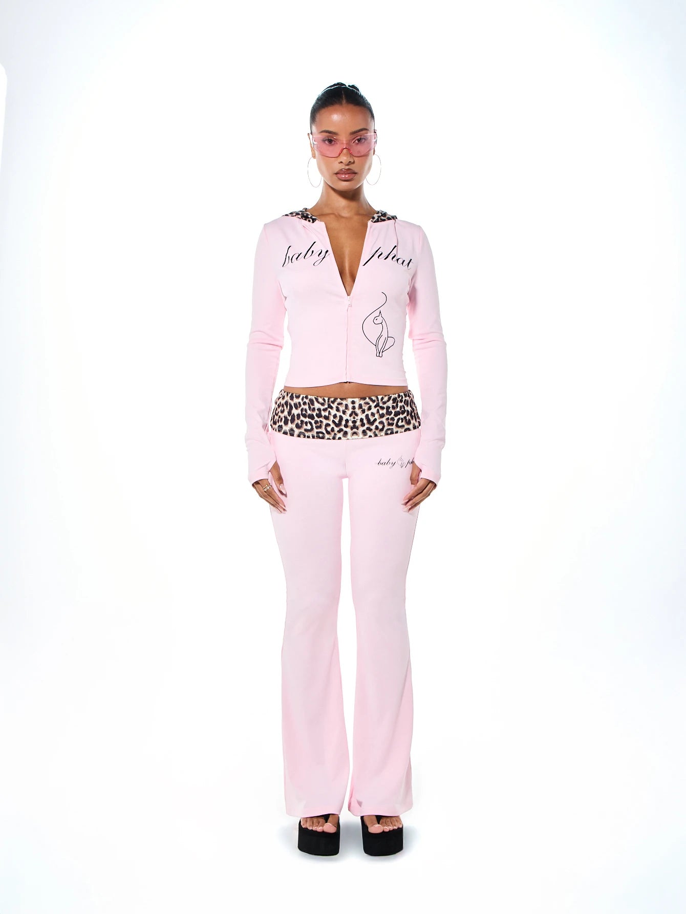 BABYPHAT Script Logo Cropped Zip-Up Hoodie With Leopard Print Hood Trim And Cat Graphic Long Sleeve Spring Jacket