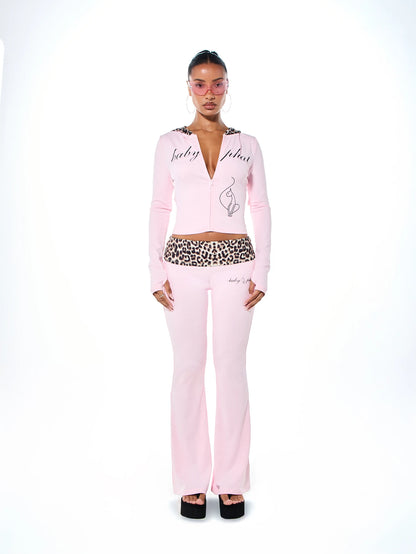 BABYPHAT Script Logo Cropped Zip-Up Hoodie With Leopard Print Hood Trim And Cat Graphic Long Sleeve Spring Jacket