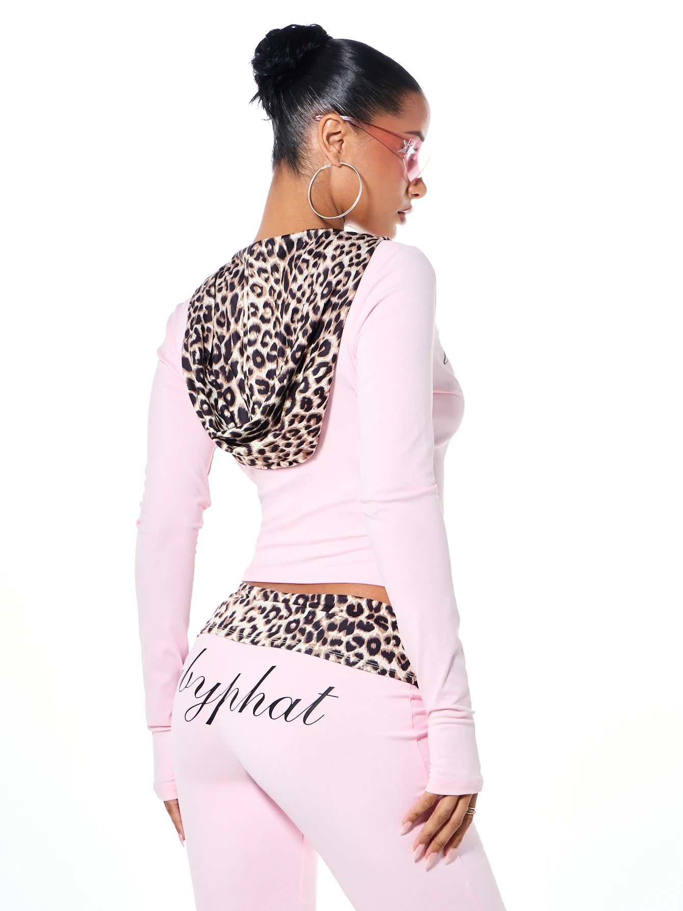 BABYPHAT Script Logo Cropped Zip-Up Hoodie With Leopard Print Hood Trim And Cat Graphic Long Sleeve Spring Jacket