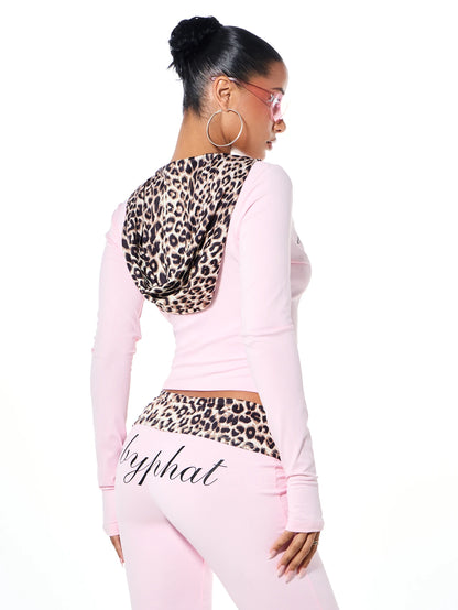 BABYPHAT Script Logo Cropped Zip-Up Hoodie With Leopard Print Hood Trim And Cat Graphic Long Sleeve Spring Jacket