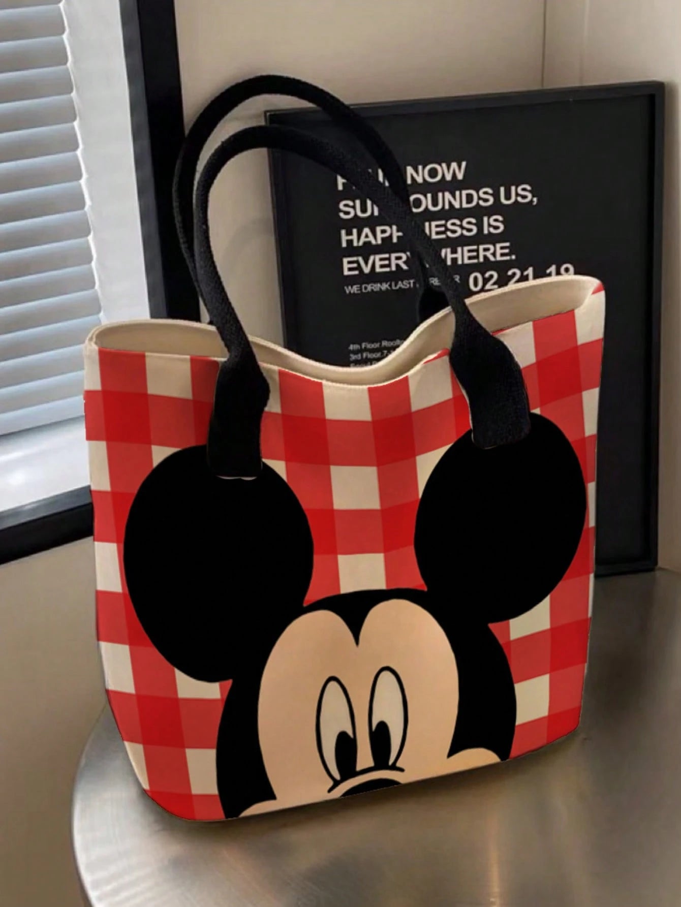 Back To School Disney Mickey Minnie Full Print Canvas Tote Bag, Large Capacity Cute Star Pattern Pink Ribbon Shoulder Bag, Women Girls Daily Commute Shopping Casual Handbag