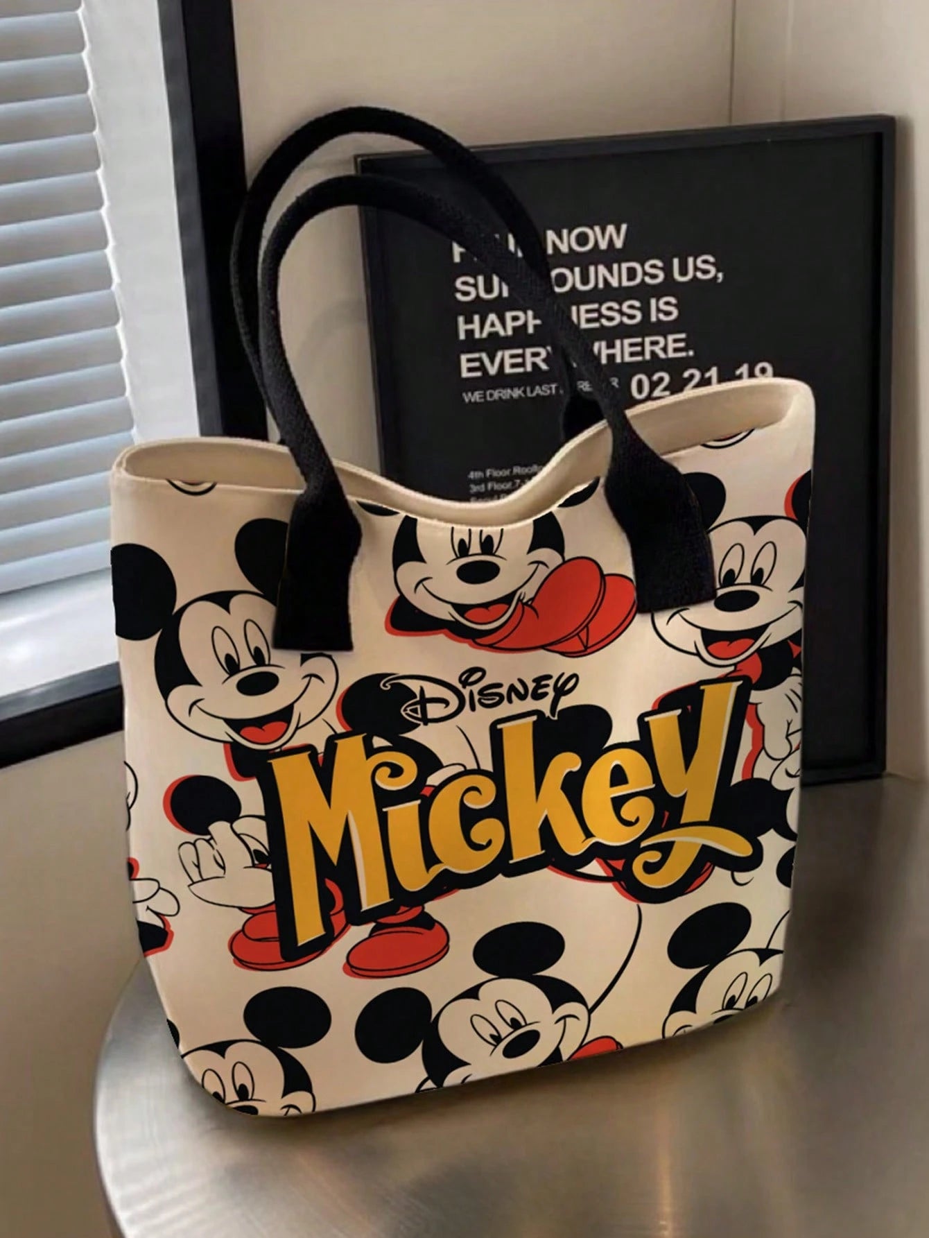 Back To School Disney Mickey Minnie Full Print Canvas Tote Bag, Large Capacity Cute Star Pattern Pink Ribbon Shoulder Bag, Women Girls Daily Commute Shopping Casual Handbag