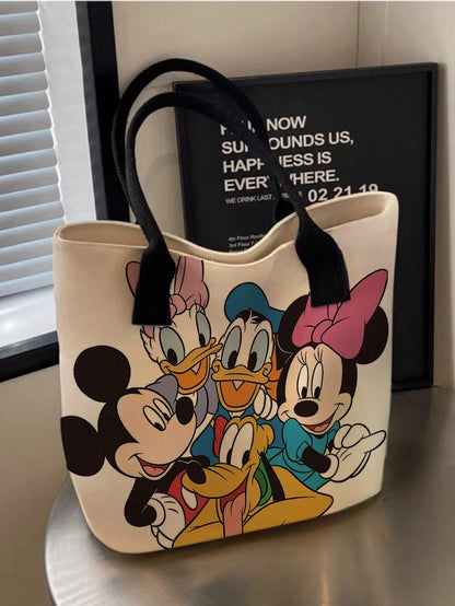 Back To School Disney Mickey Minnie Full Print Canvas Tote Bag, Large Capacity Cute Star Pattern Pink Ribbon Shoulder Bag, Women Girls Daily Commute Shopping Casual Handbag