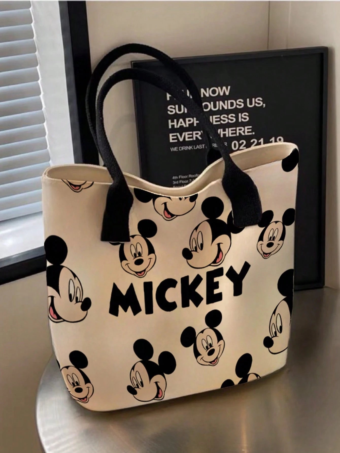 Back To School Disney Mickey Minnie Full Print Canvas Tote Bag, Large Capacity Cute Star Pattern Pink Ribbon Shoulder Bag, Women Girls Daily Commute Shopping Casual Handbag