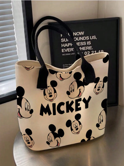 Back To School Disney Mickey Minnie Full Print Canvas Tote Bag, Large Capacity Cute Star Pattern Pink Ribbon Shoulder Bag, Women Girls Daily Commute Shopping Casual Handbag