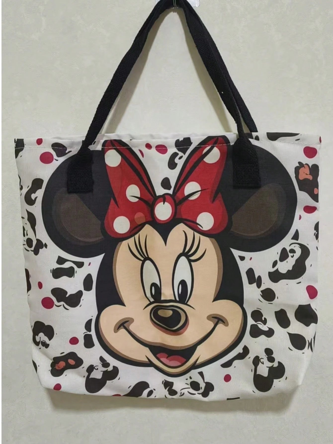 Back To School Disney Mickey Minnie Full Print Canvas Tote Bag, Large Capacity Cute Star Pattern Pink Ribbon Shoulder Bag, Women Girls Daily Commute Shopping Casual Handbag