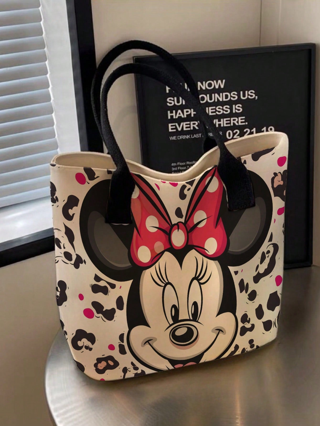 Back To School Disney Mickey Minnie Full Print Canvas Tote Bag, Large Capacity Cute Star Pattern Pink Ribbon Shoulder Bag, Women Girls Daily Commute Shopping Casual Handbag