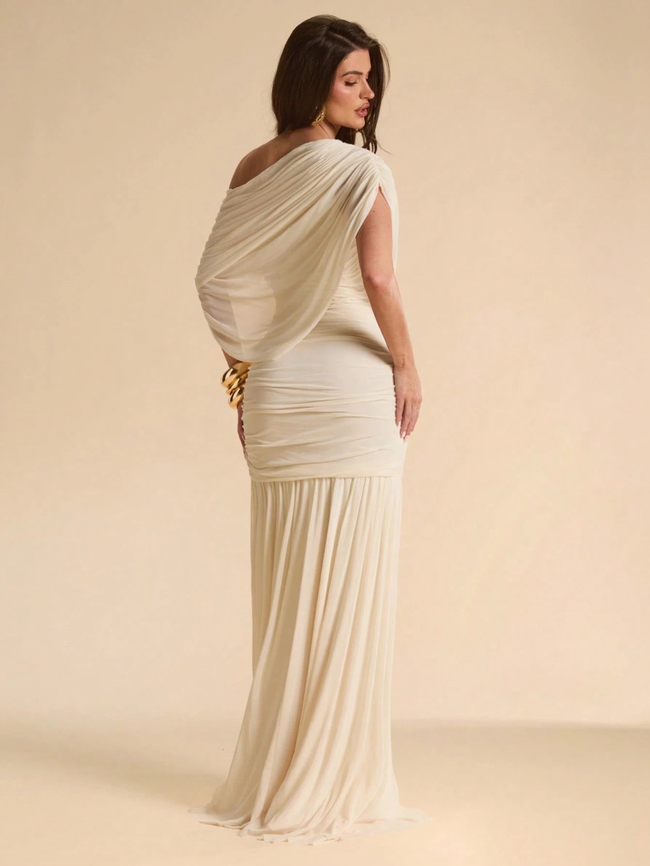 BAE Apricot Asymmetrical Shoulder Elegant Bodycon Dress, Mesh Overlay Flowy Dress, Suitable For Vacation, Beach, Bridesmaid, Wedding, Spring/Summer,Wedding Guest Dress Women