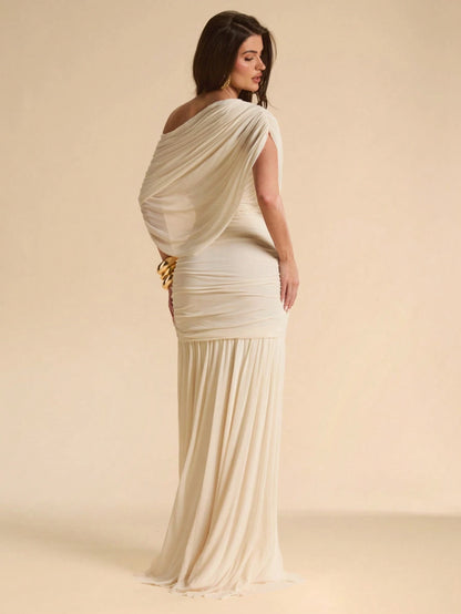BAE Apricot Asymmetrical Shoulder Elegant Bodycon Dress, Mesh Overlay Flowy Dress, Suitable For Vacation, Beach, Bridesmaid, Wedding, Spring/Summer,Wedding Guest Dress Women