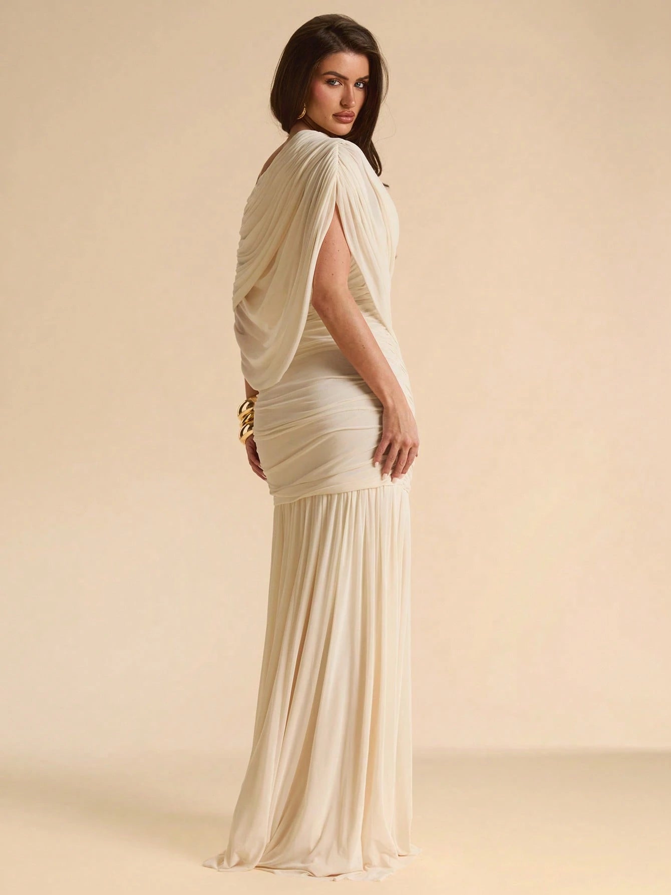 BAE Apricot Asymmetrical Shoulder Elegant Bodycon Dress, Mesh Overlay Flowy Dress, Suitable For Vacation, Beach, Bridesmaid, Wedding, Spring/Summer,Wedding Guest Dress Women