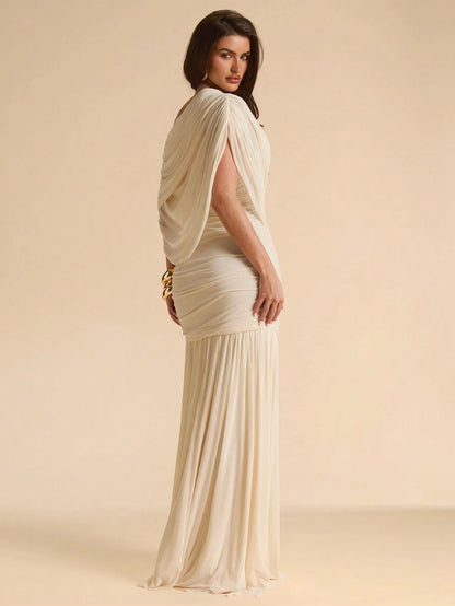 BAE Apricot Asymmetrical Shoulder Elegant Bodycon Dress, Mesh Overlay Flowy Dress, Suitable For Vacation, Beach, Bridesmaid, Wedding, Spring/Summer,Wedding Guest Dress Women