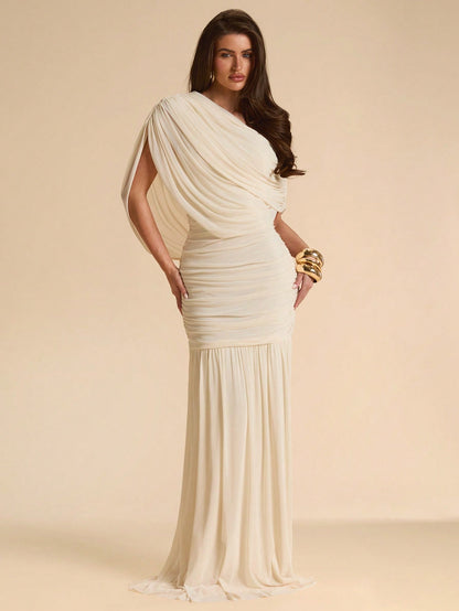 BAE Apricot Asymmetrical Shoulder Elegant Bodycon Dress, Mesh Overlay Flowy Dress, Suitable For Vacation, Beach, Bridesmaid, Wedding, Spring/Summer,Wedding Guest Dress Women