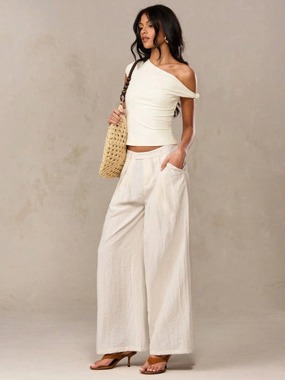 BAE Cream-Colored Off-Shoulder Fitted Long Top With Asymmetric Twist Detail, Suitable For Summer, Casual, Back-To-School, Retro And Airport Outfits,Summer Top