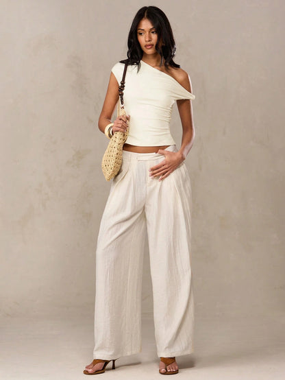BAE Cream-Colored Off-Shoulder Fitted Long Top With Asymmetric Twist Detail, Suitable For Summer, Casual, Back-To-School, Retro And Airport Outfits,Summer Top