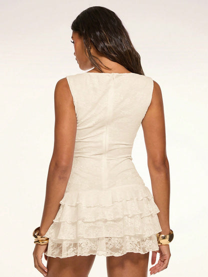 BAE Cream White Summer Boho Vacation Lace Floral Cake Tiered Culottes Sleeveless Ruffled Mini Dress,Elegant Beach Western Wear,Ibiza Rave Concert Outfits