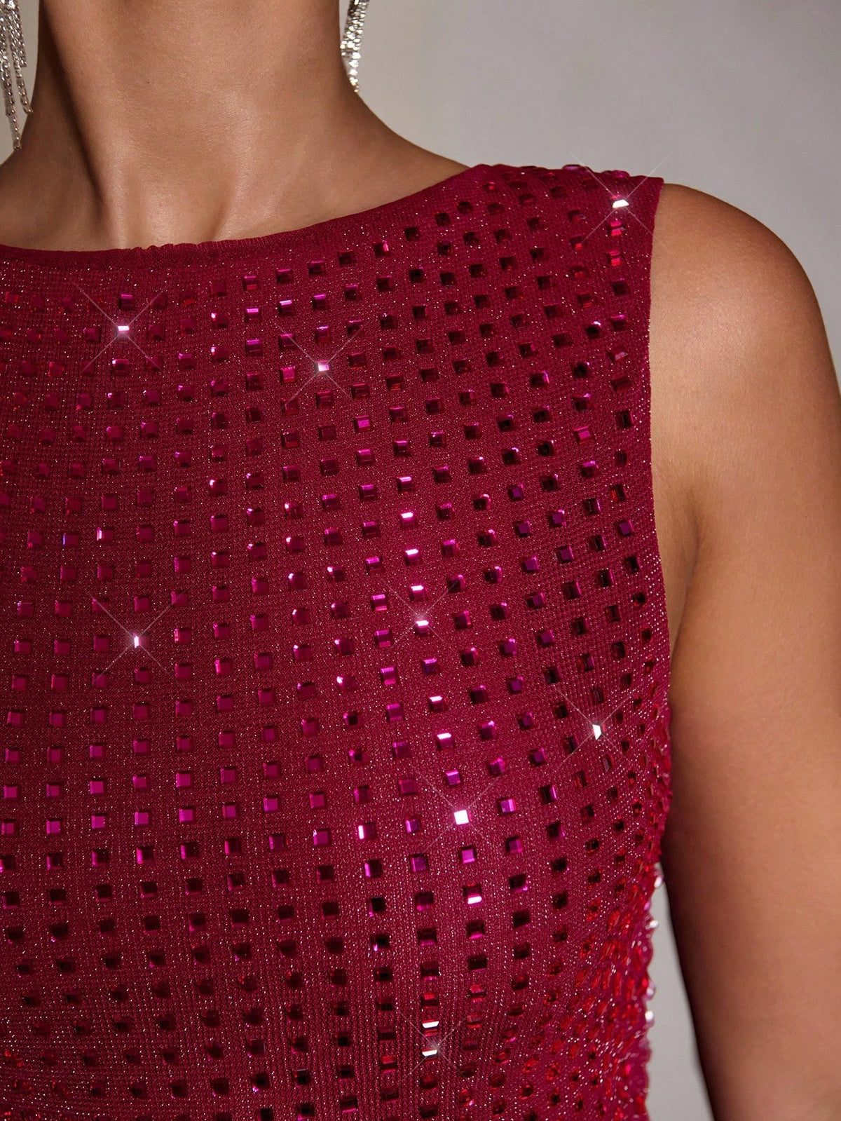 BAE Elegant Sexy Women's Dark Red Tank Top,Rhinestone Crystal Sleeveless Tight Top For Party Club Night,Summer 70's Holiday,Nightclub,Cocktail,Ball,Date
