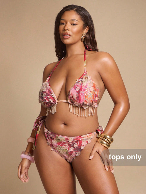 BAE Plus Size Women's Bikini, Apricot Beaded Crystal Tassel Top Summer Beach Vacation