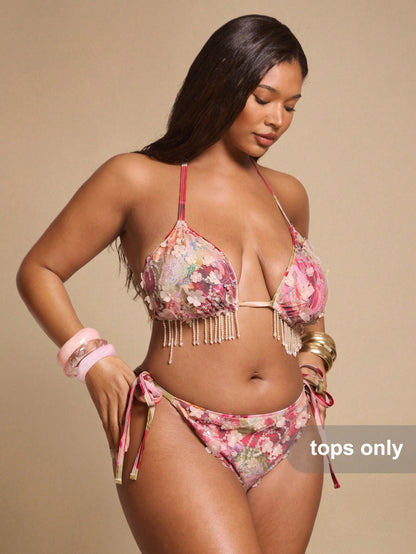BAE Plus Size Women's Bikini, Apricot Beaded Crystal Tassel Top Summer Beach Vacation