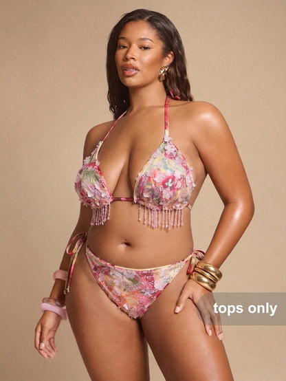 BAE Plus Size Women's Bikini, Apricot Beaded Crystal Tassel Top Summer Beach Vacation