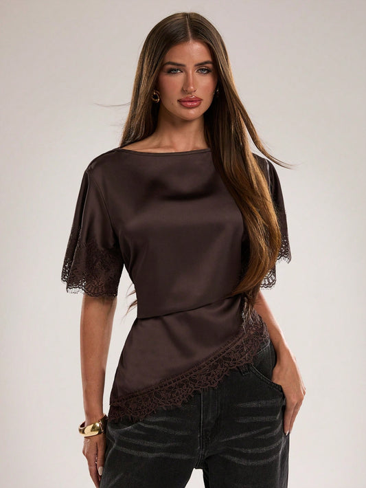 BAE Spring/Summer Women's Casual Commuter Round Neck Lace Trim Cuffs Back Tie Decor Asymmetrical Hem Lace Patchwork Satin Brown Top, Suitable For Work Commute, Daily Casual Wear, Office Wear, Ca